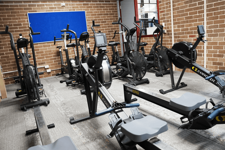 Cardio room with a series of exercise bikes and rowing machines spaced out across the room.