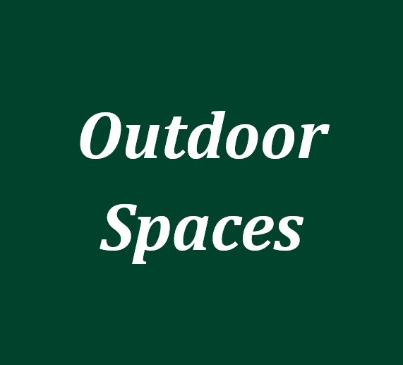 The words 'outdoor spaces' in white text on a green background