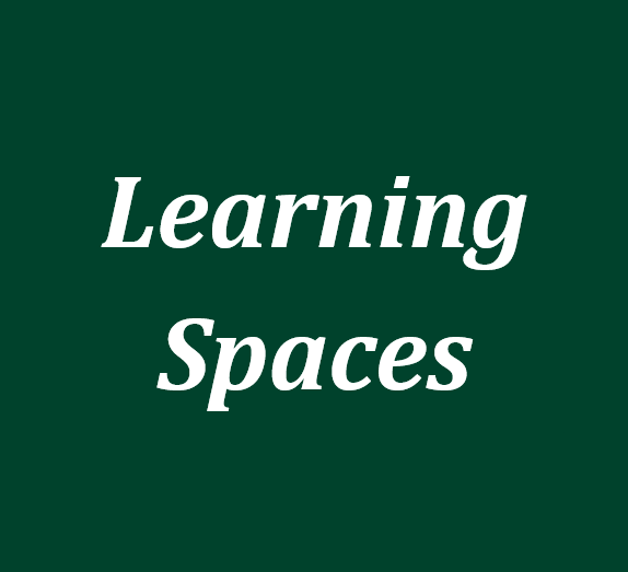 The words 'learning spaces' in white text on a green background