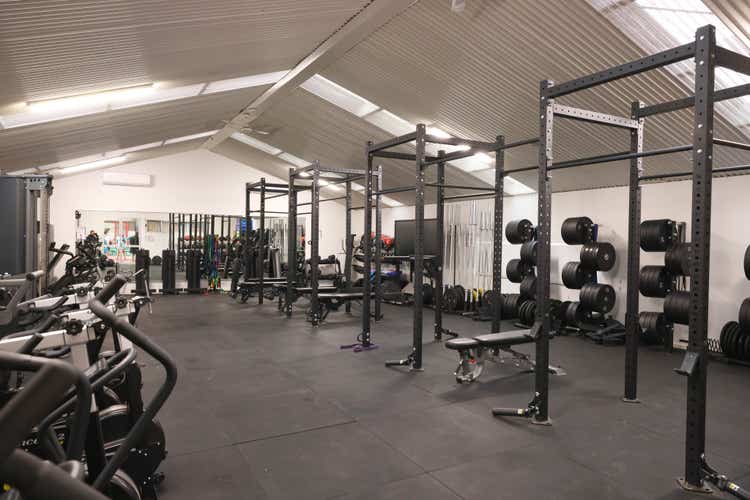 Assorted weights and gym equipment.