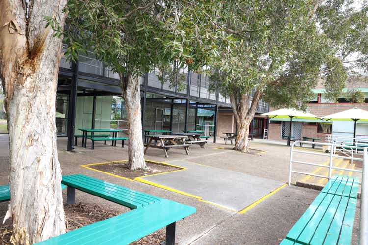 The Quad, an outdoor area with green tables and seating, surrounded by trees and shaded by umbrellas.